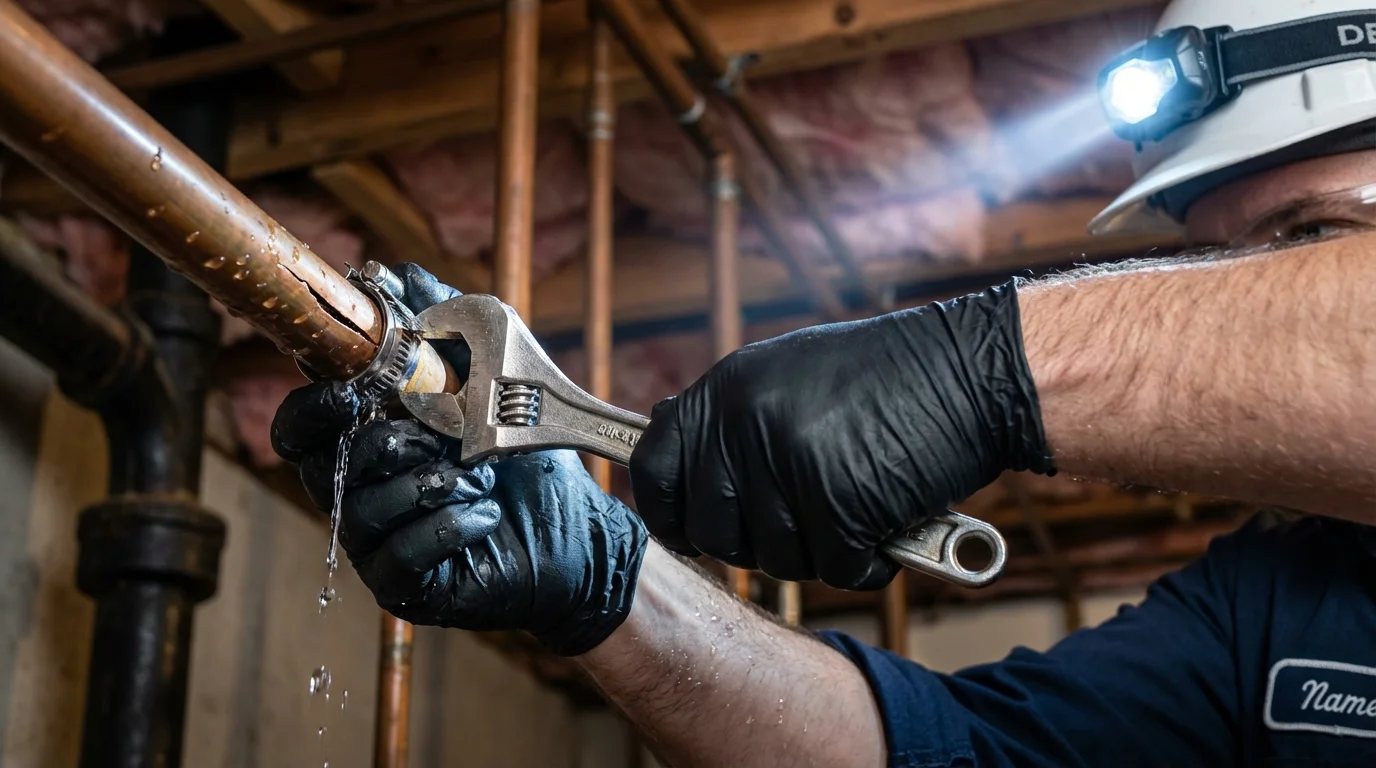 Emergency pipe clamp repair being performed by a Johns Plumbing LLC plumber in Cresskill