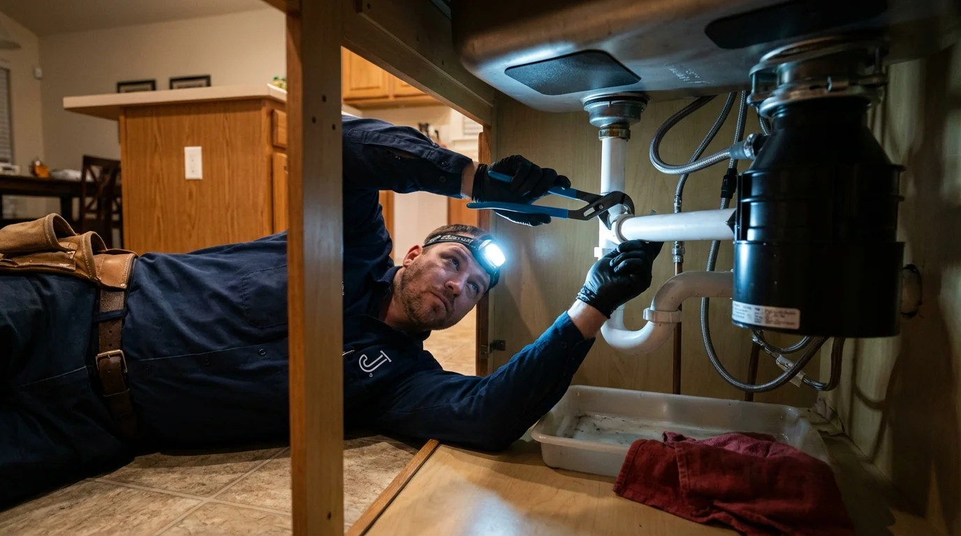 P-trap and supply line connections under a kitchen sink showing a common leak point in Cresskill, NJ